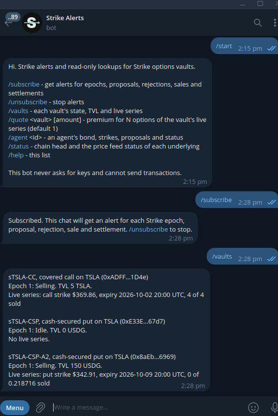 A Telegram chat with the Strike Alerts bot: its command list, a subscription confirmation, and its reply to /vaults listing three TSLA vaults with their epoch, value locked and live series.